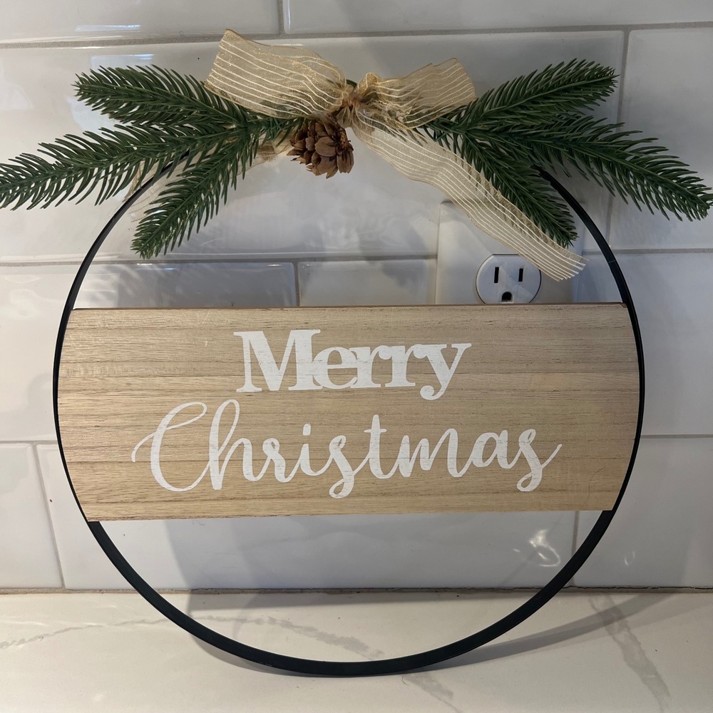 Merry Christmas Round Wreath Holiday Wall Decor Ribbon Pine Cone Farmhouse Boho